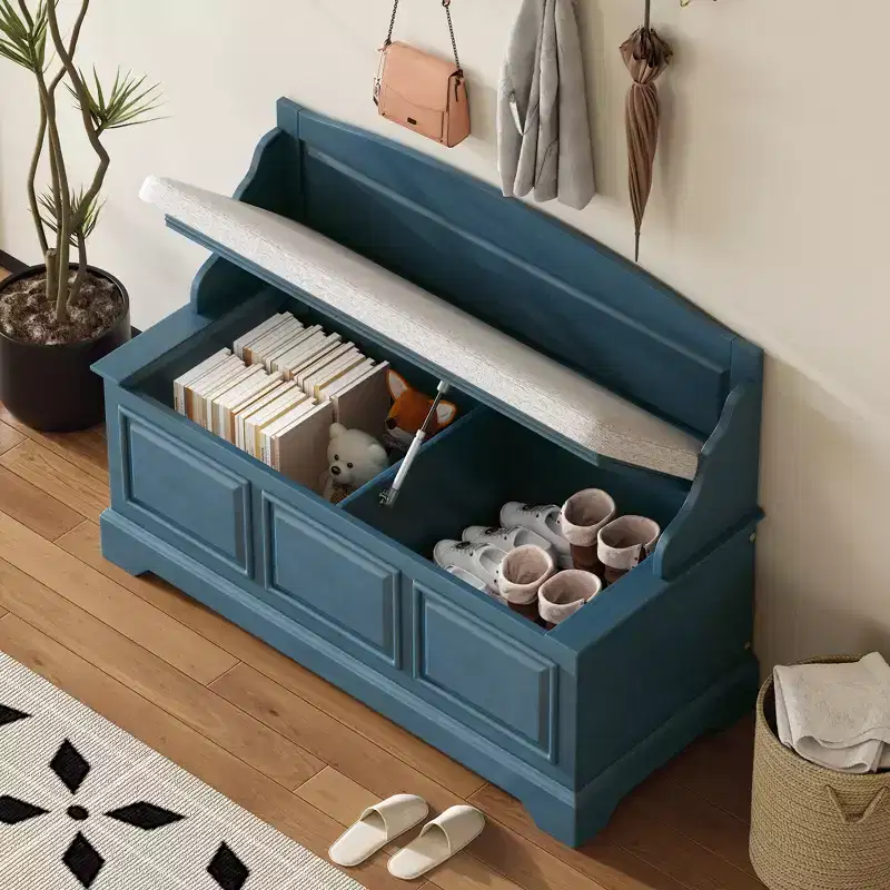 GDFStudio Ruth Mid-Century Modern Style Entryway Shoe Storage Bench with Hidden Storage and Linen Cushion