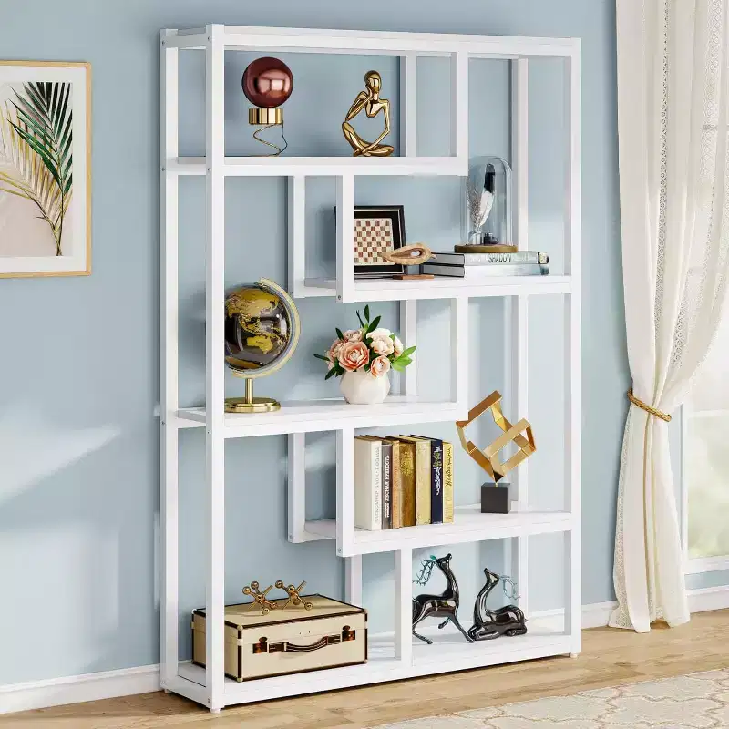 Lantine 6-Shelf Industrial Bookshelf, 69 Inch Tall Storage Display Staggered Shelves with Sturdy Metal Frame for Home Office, White