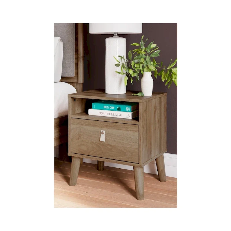Nightstand – Honey / White, Replicated Wood Grain, Faux Leather Drawer Pull, Splay Legs, Contemporary Style