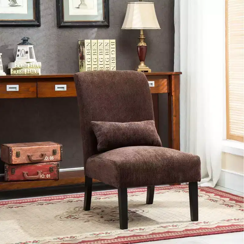 Modern Chenille Fabric Armless Accent Chair with Pillow, Solid Wood Legs, Deep Seat Side Chair for Living Room, Bedroom, or Office
