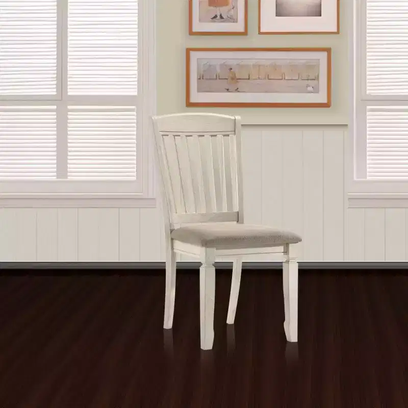 Set of 2 Traditional Dining Side Chairs – Tan Linen, Slatted Back, Cream Wood Frame