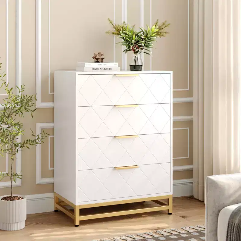 Dresser with 4 Drawer Bedroom, Wooden Dresser with Metal Legs and Handles, Bedside Storage Unit for Living Room, Hallway, Entryway