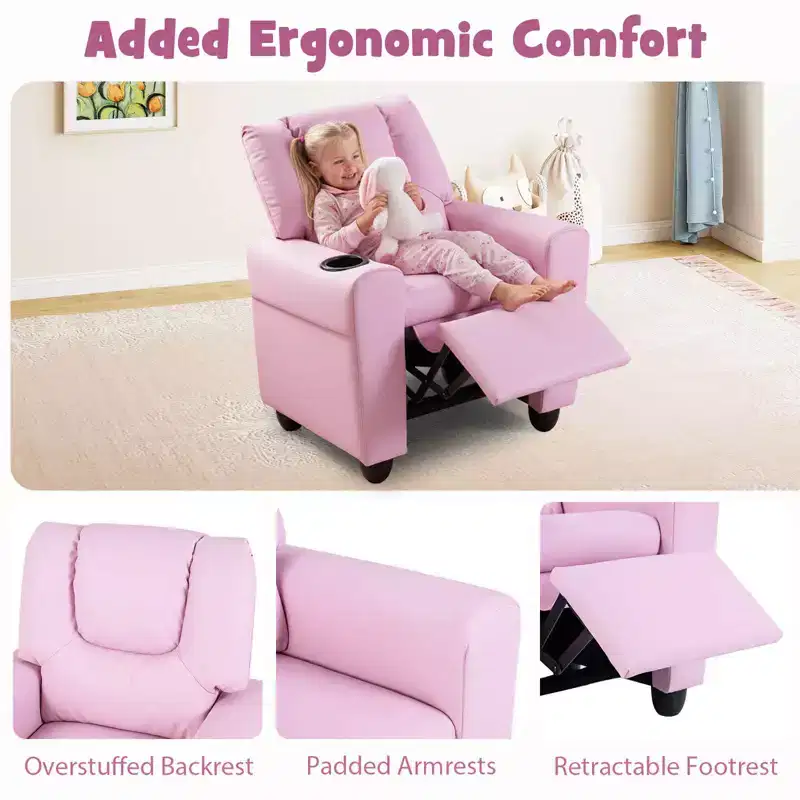 Costway Kids Recliner Armchair Children's Furniture Sofa Seat Couch Chair w/Cup Holder Pink