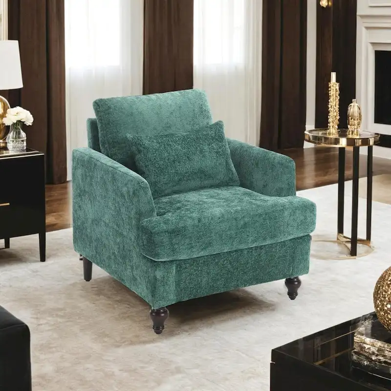 Chenille Single Sofa Chair, Upholstered Accent Chair with Soft Pillow, Mid Century Modern Reading Armchair