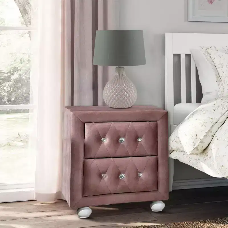 Royal Hampton 17 Inch Modern Upholstered Nightstand, 2 Drawer, Crystal Handles, Pink