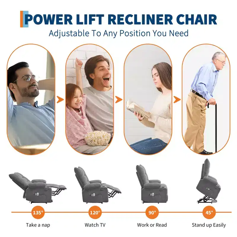 Power Lift Recliner Chair, Electric Massage & Heat Recliner with 45 Assist Stand, with Soft Padded Upholstery, Side Pocket & Cup Holders
