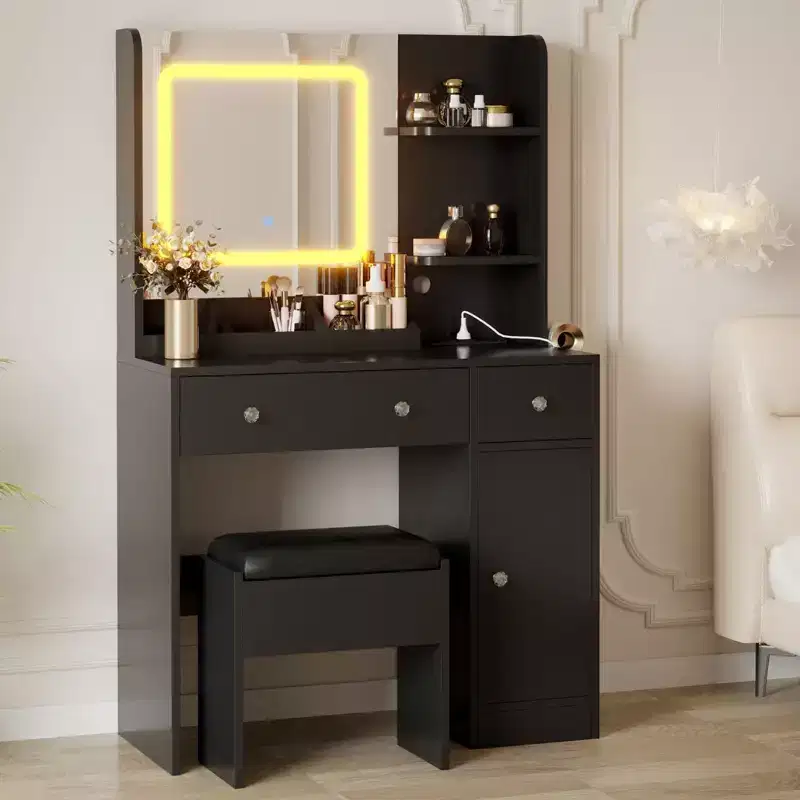 Vanity Desk with Mirror, Makeup Desk with Lights in 3 Colors, Girls Vanity Table with Charging Station, 3 Drawers, 3 Storage Shelves