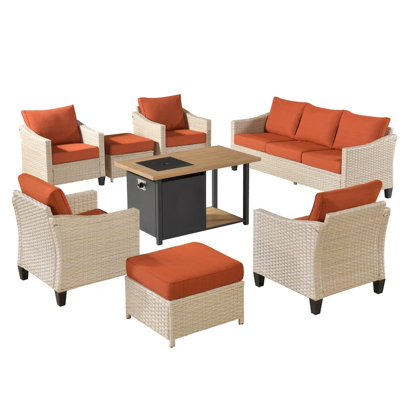 HOOOWOOO 8-piece Patio Wicker Rattan Conversation Set with Multifunctional Fire Pit Table