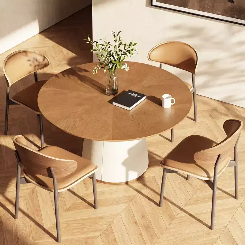 59 Inch Round Dining Table with Solid Wood Base and Faux Leather Wrapped Pedestal, Modern Kitchen Table for Dining Room
