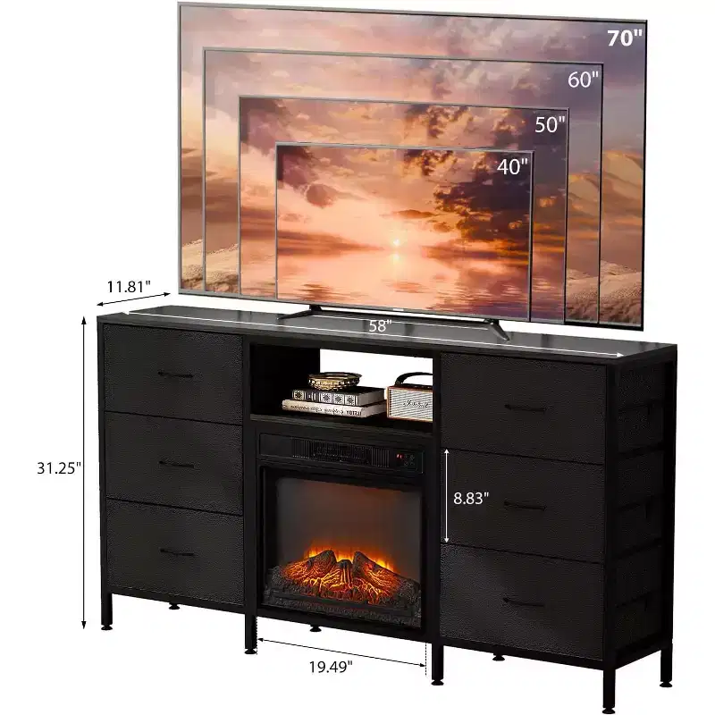 VINGLI Fireplace TV Stand Dresser with Fabric Drawer, Entertainment Center with LED Lights and Industrial TV Console Table with Open Storage Shelves