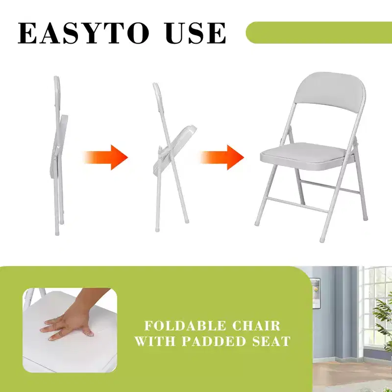 SUGIFT 4 Pack Folding Chairs with Padded Seats, Metal Frame with Pu Leather Seat & Back, White