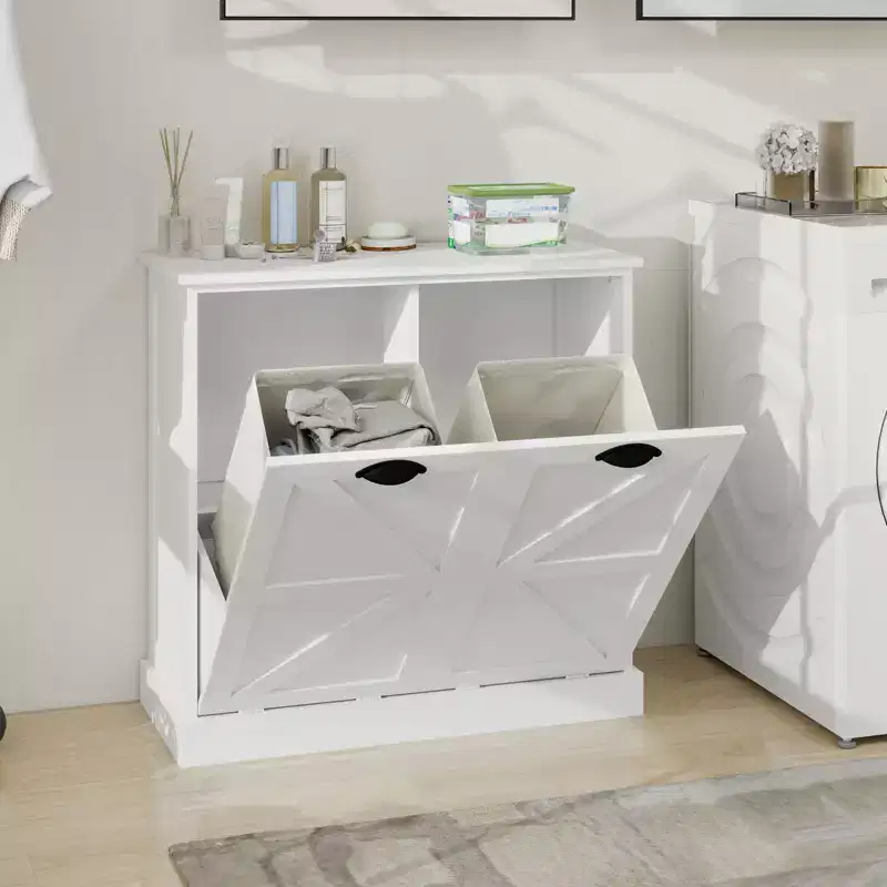 Tilt-Out Laundry Hamper Cabinet – 2 Sorting Bins, Top Shelf, MDF, 31.5x13.8x30.7 in