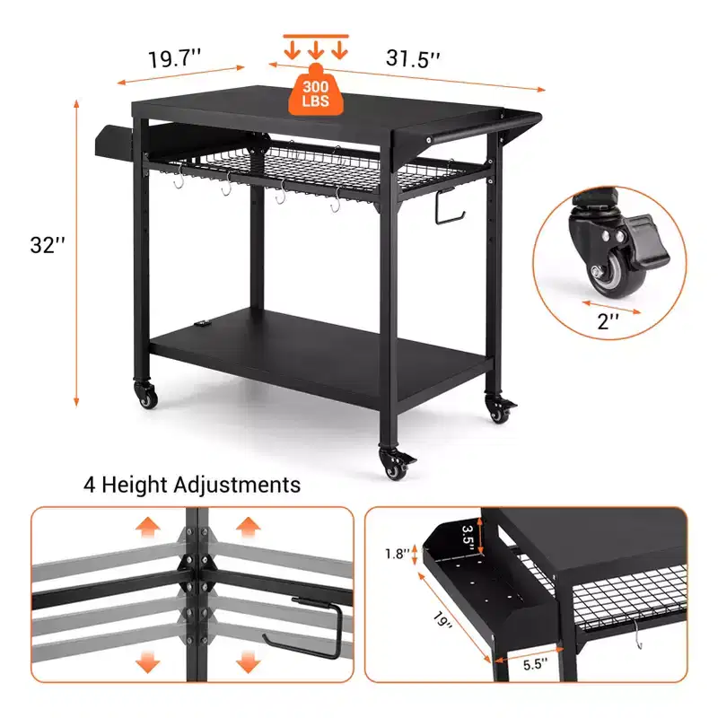 3-Tier Rolling Outdoor Grill Cart and BBQ Prep Table with Wheels, Pizza Oven Stand with Mesh Racks and Utensil Hooks for Patio, Camping and Parties