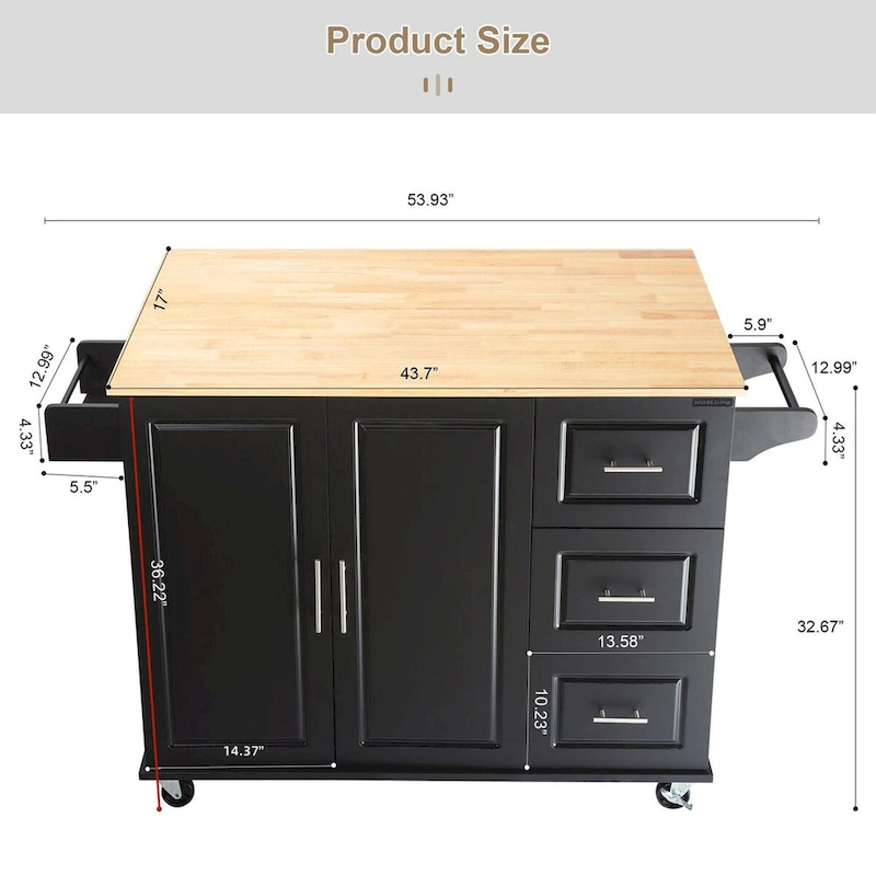 Mobile Kitchen Island & Kitchen Cart,With Extendable Rubber Wood Top and 3 Drawers - 53.93(L) x 17(W) x 36.22(H