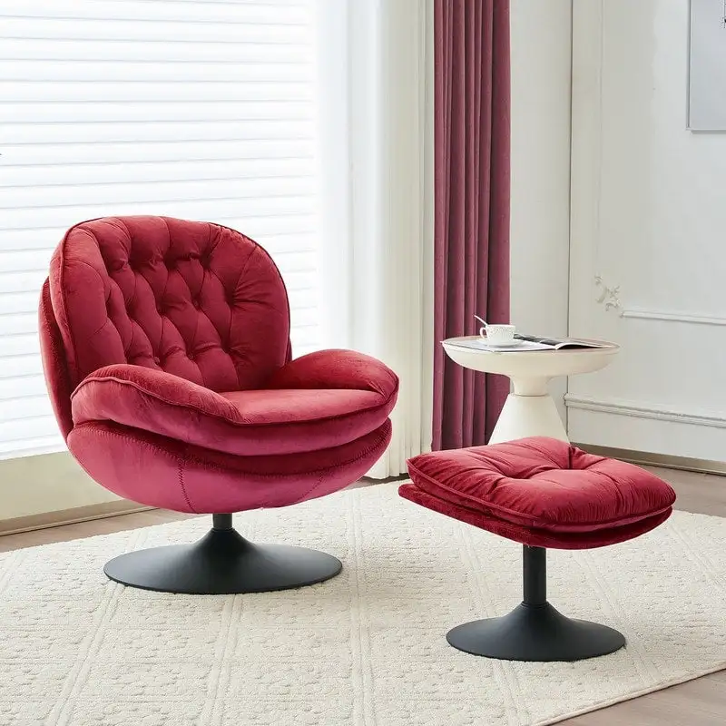 Velvet Swivel Accent Chair with Ottoman Round Reading Accent Chair Foot Stool Ottoman Set,360 Swivel,Metal Frame