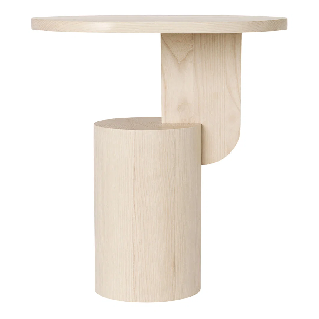 Contemporary Solid Ash Side Table with Floating Oval Top & Geometric Cylinder Base for Living Room