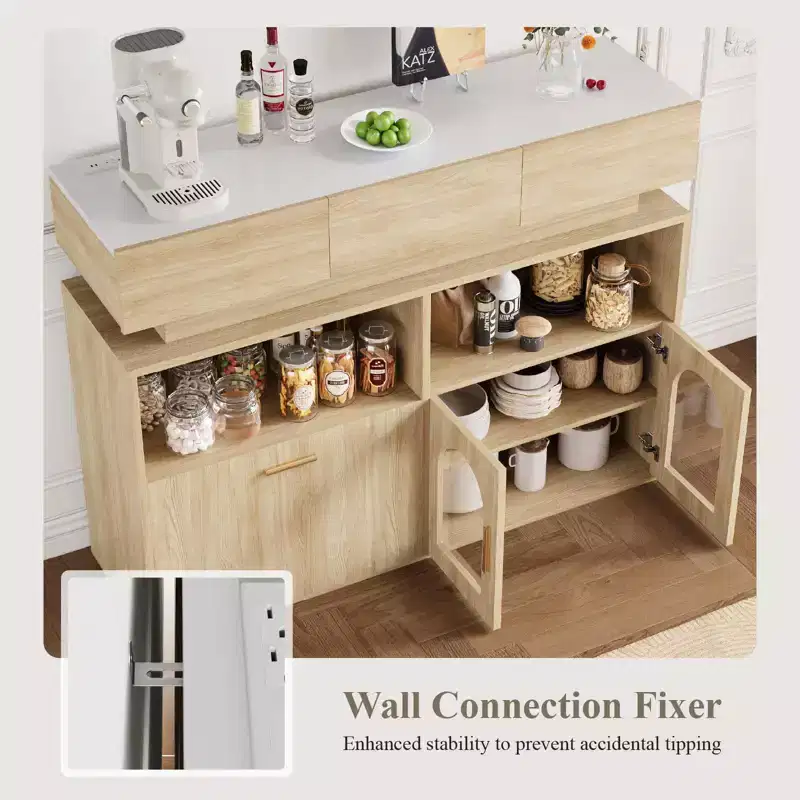 COZONY 55 Coffee Bar Cabinet with 3 Drawers & Charging Station, Kitchen Sideboard Buffet with Adjustable Shelf
