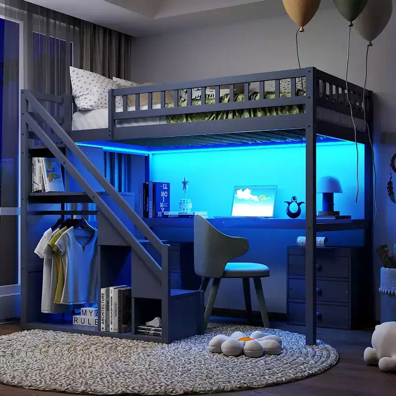 Twin/Full Loft Bed with Desk, LED Light Strip & Two Chest of Drawers - ModernLuxe