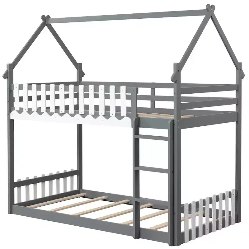 Twin Over Twin House Bunk Bed with Fence & Ladder - Solid Wood, Gray