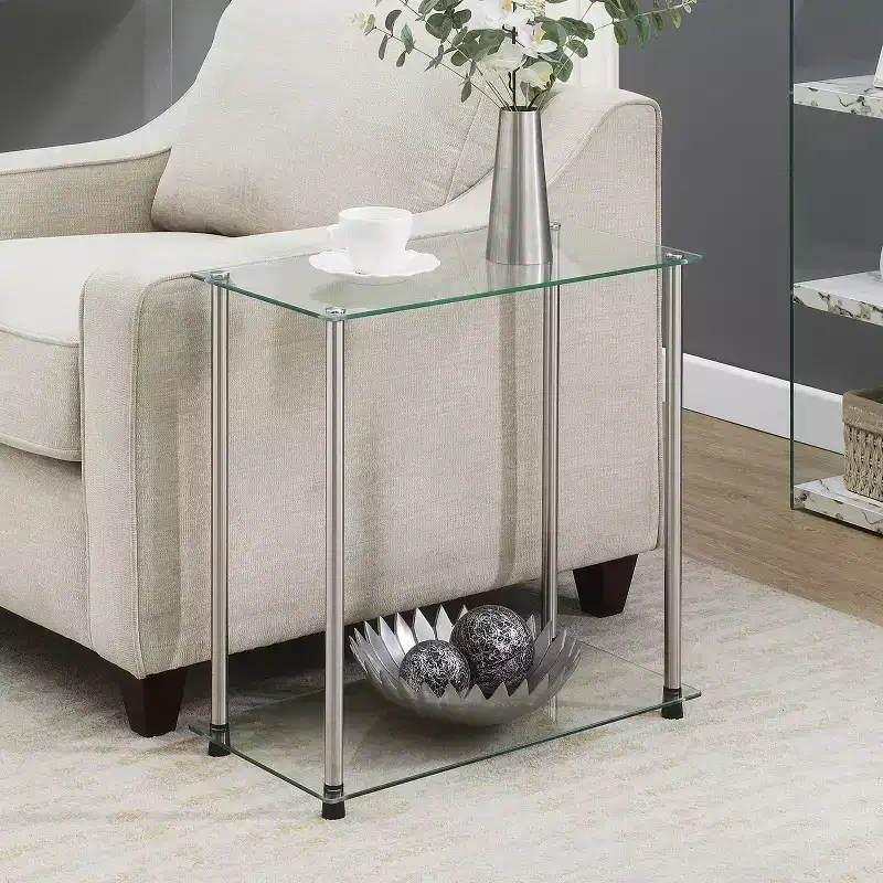 2-Tier Glass Chairside End Table with Stainless Steel Legs