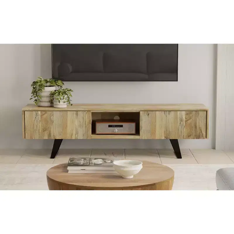 72 inch Wide Solid Wood Modern Industrial TV Stand For TVs up to 80 inches