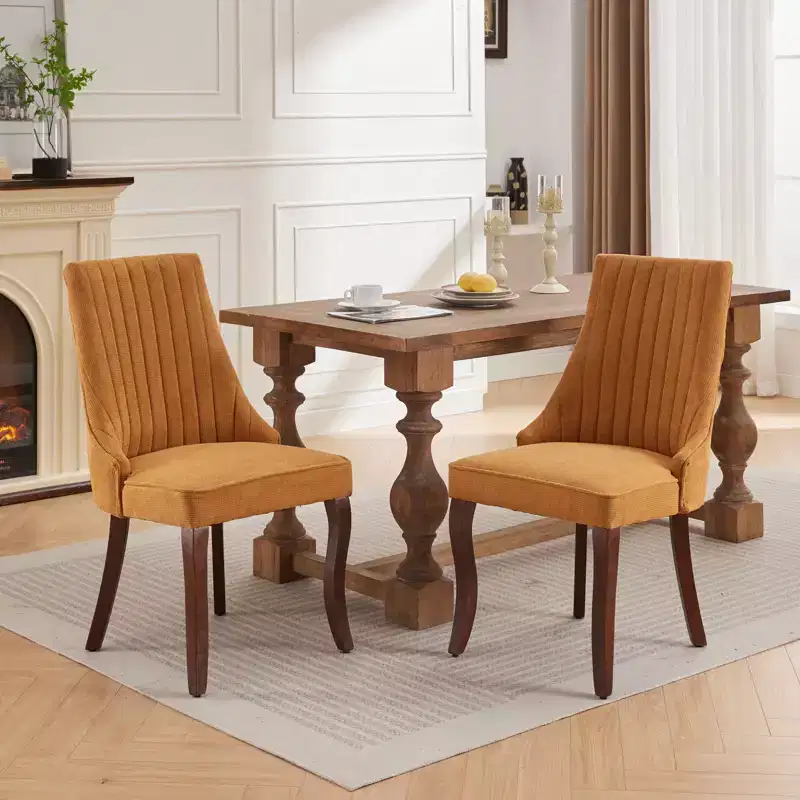 CLIHOME Set of 2 Rayon Cloth Flocking Linen Dining Chairs Channel Kitchen Dinner Chair Comfy Fabric Upholstered Accent Chair