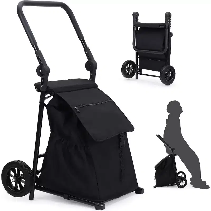 Acekool 2-in-1 Foldable Hand Truck Utility Cart with Removable Waterproof Bag, Thick Seat Cushion & Adjustable Non-Slip Handle, Black