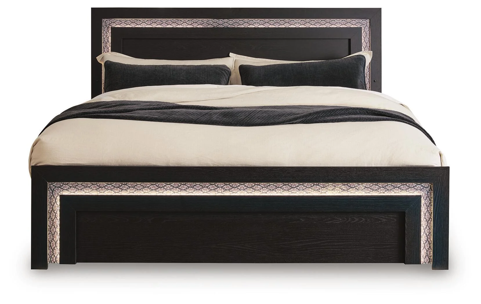 Panel Bed — A sleek finish pairs with a snakeskin-inspired accent for a richly luxurious look and feel