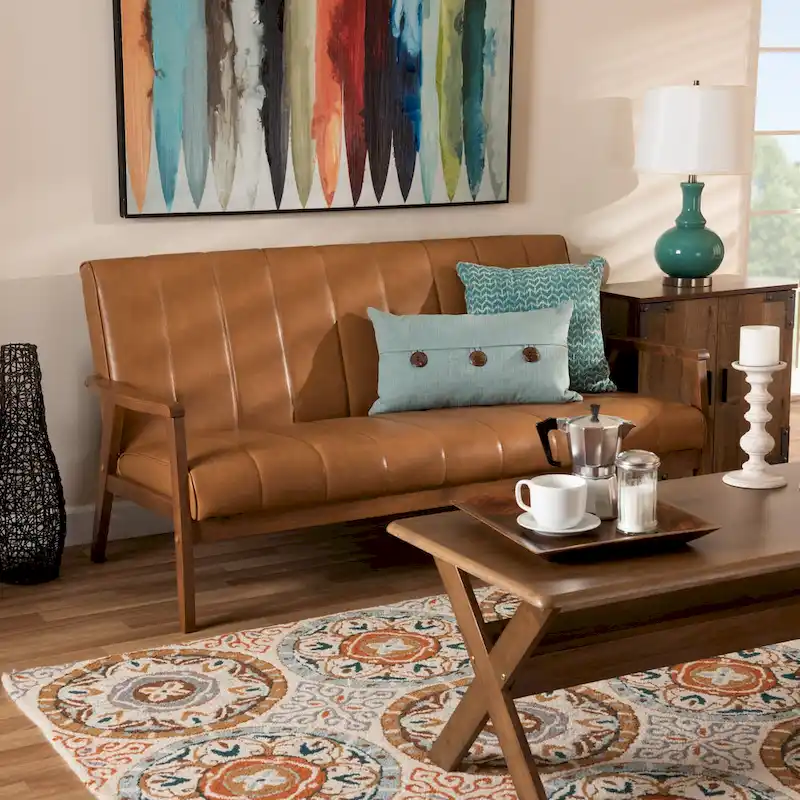 Faux Leather & Walnut Wood Sofa | Tan Upholstered | Mid-Century Modern Living Room