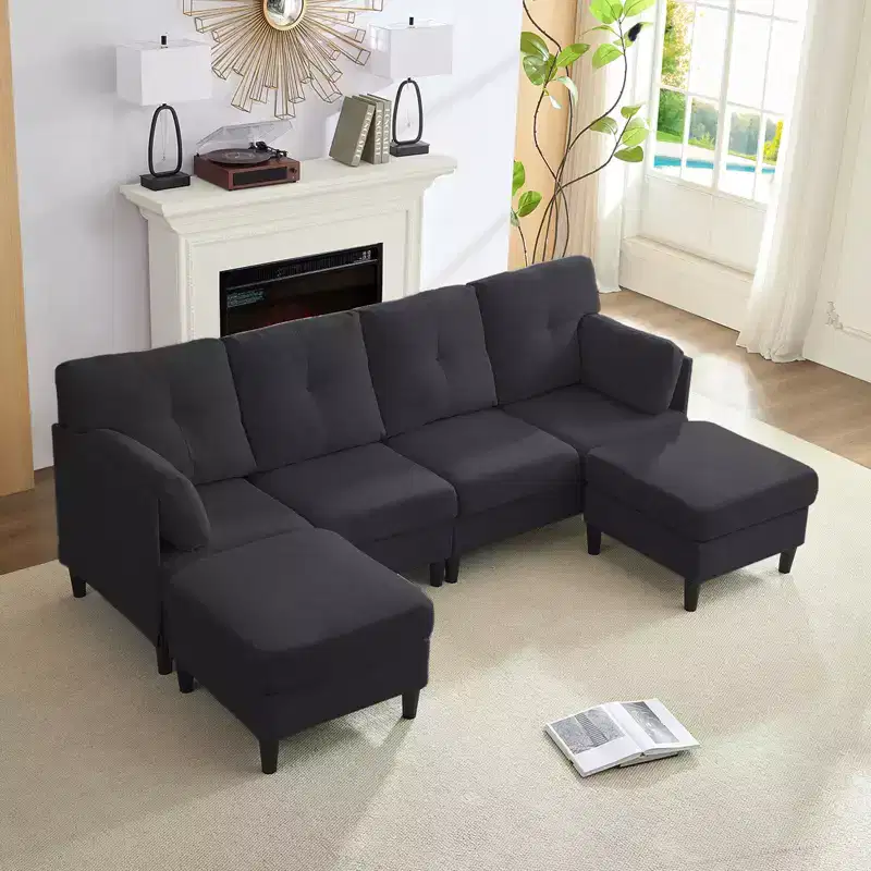 Mjkone Modular Convertible Sectional Sofa Couch, Upholstered Comfy Fabric 4-Seater Sofa with Movable Ottomans
