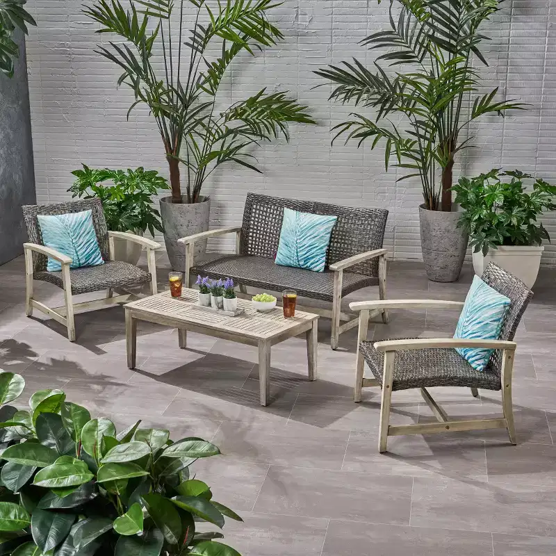 Christopher Knight Home Hampton Outdoor Wicker and Acacia Wood 4 Seater Chat Set