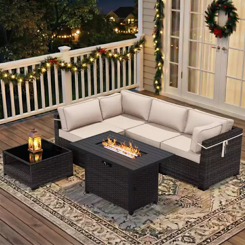 UPTIOT 4-Piece Patio Set: Corner Sofa,Brown Fire Pit Table & Tempered Glass Coffee Table for Ultimate Outdoor Relaxation