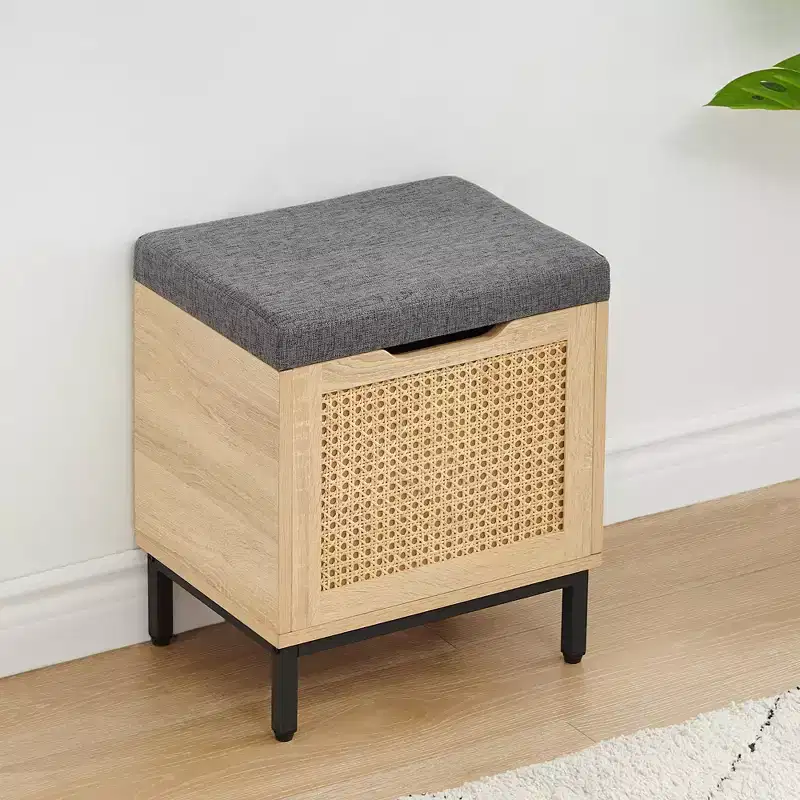 Shoe Bench, Entryway Bench  Natural Rattan Storage Bench with Flip Lid Cushioned Seat for Small Spaces