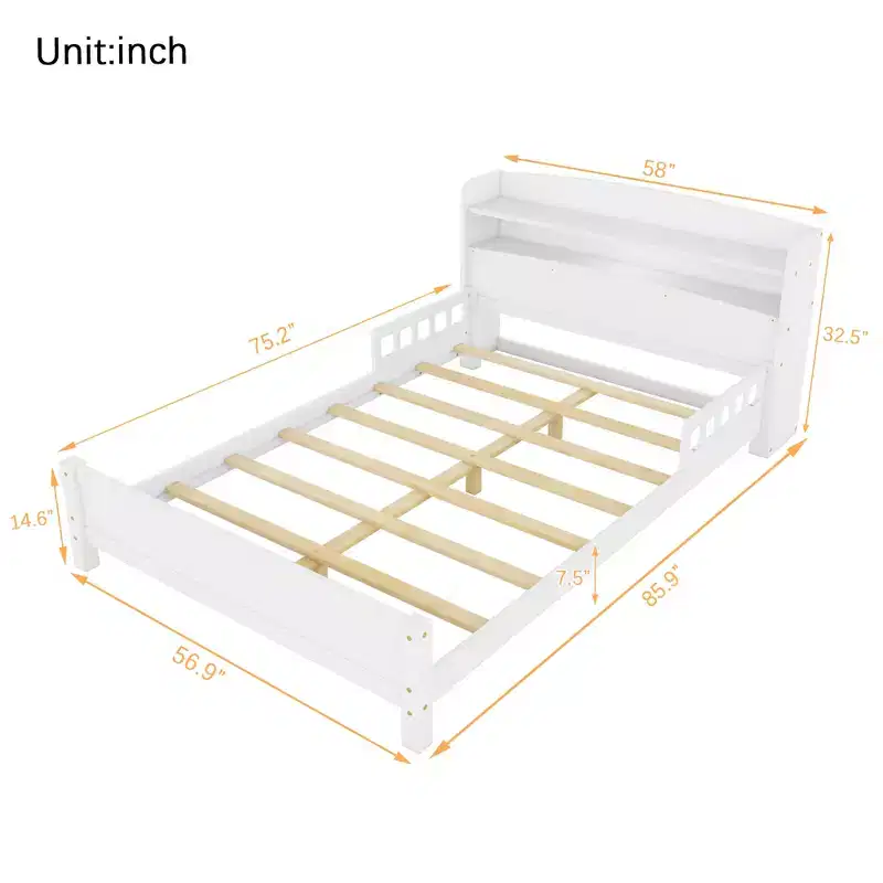 MAYEERTY Full Pine Wood Bed with Bookcase Headboard, Safety Guardrails White