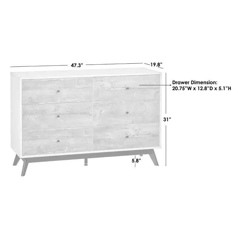 Buylateral Crislana Mid-Century Modern 6 Drawer Dresser Gray/White