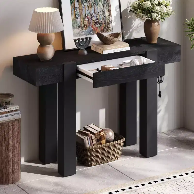 47 Console Table with Storage Drawers, Wood Veneer Behind the Couch Table, Narrow Entryway Table for Living Room or Home Office-Panipeachy