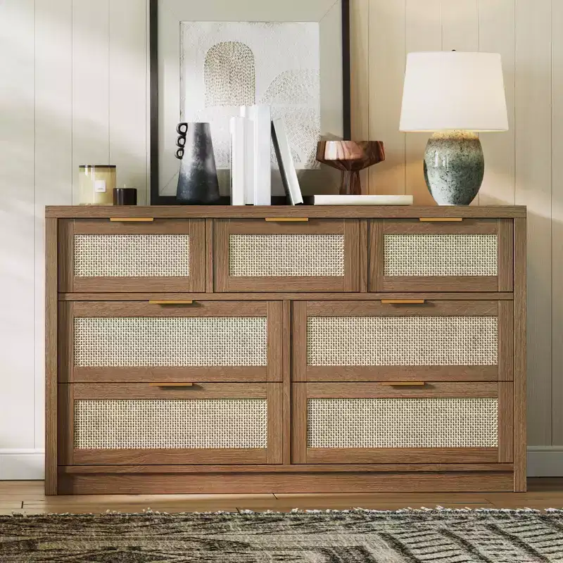 7 Drawers Dresser, 52 W Rattan Dresser, Modern Chest of Drawers with Metal Handle, Wood Closet Clothes Storage, for Living Room, Hallway, TV Stand