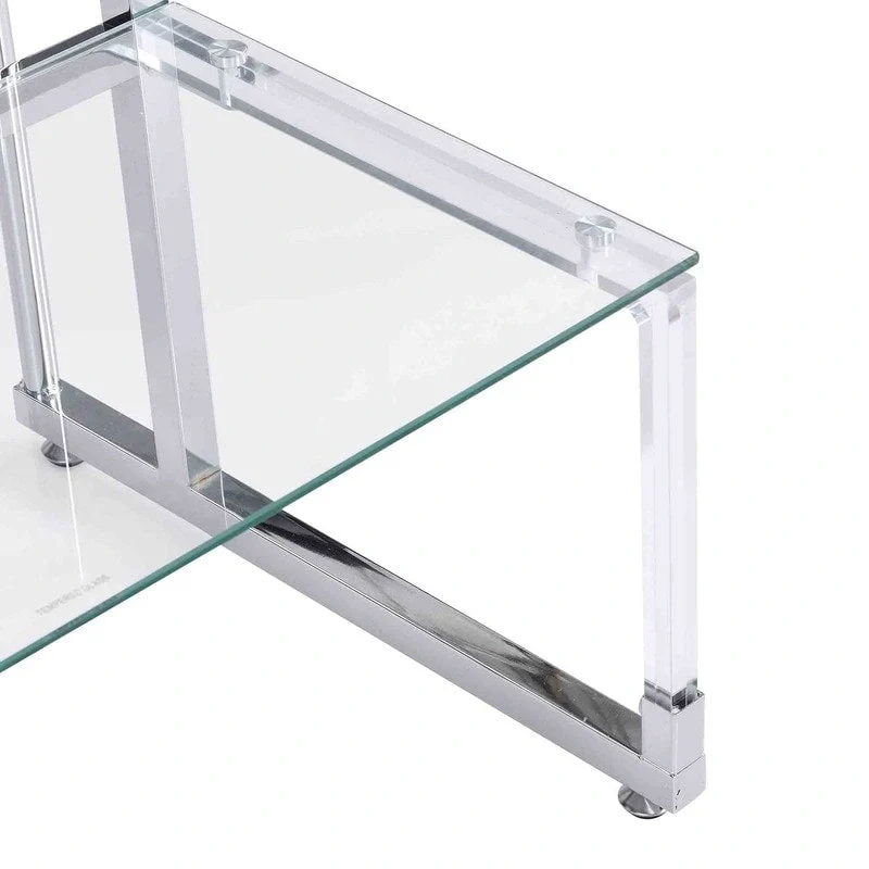 2-Tier End Table with Tempered Glass Shelves & Geometric Metal Frame