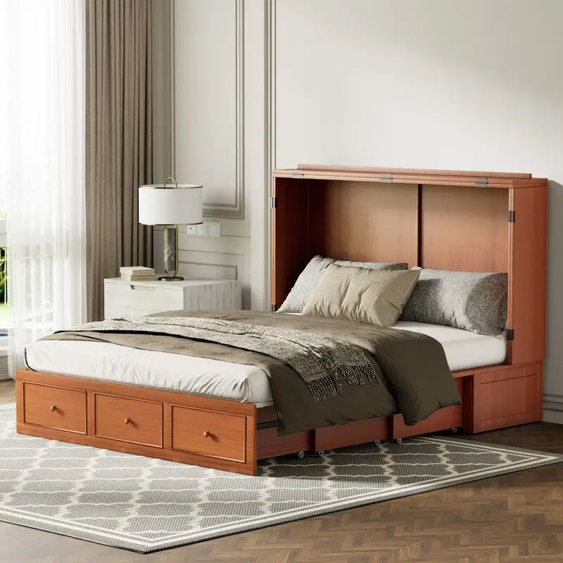 Murphy Bed with Foldable Mattress, Modern Cube Cabinet Bed with Storage Drawer & USB Charging Station