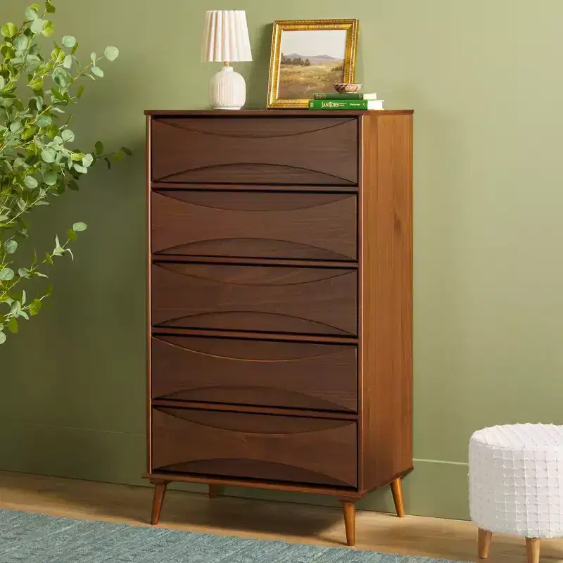 Walker Edison Mid Century Modern Contoured 5 Drawer Chest of Drawers