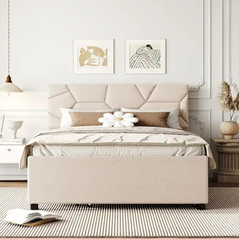 Full Size Upholstered Platform Bed with Brick Pattern Headboard and Twin Size Trundle, Linen Fabric
