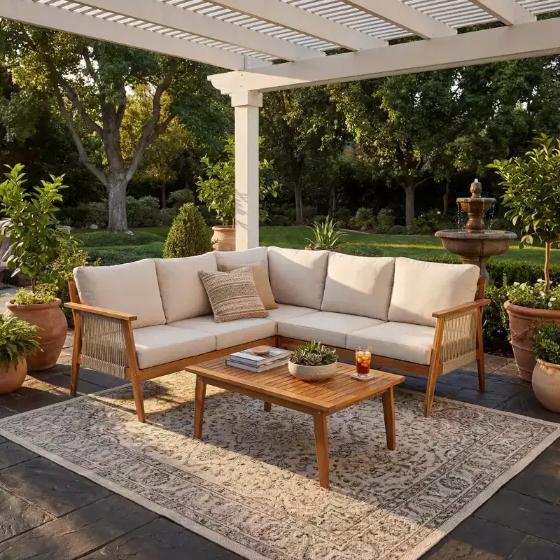 Christopher Knight Home Hanna 4 Piece Outdoor Acacia Wood Sectional Sofa Set with Handwoven Rope