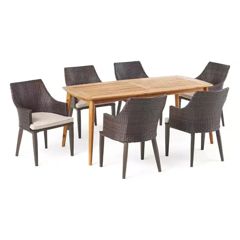 Christopher Knight Home Axel Outdoor Wicker and Acacia Wood 7 Piece Dining Set with Cushion, Teak/Multibrown