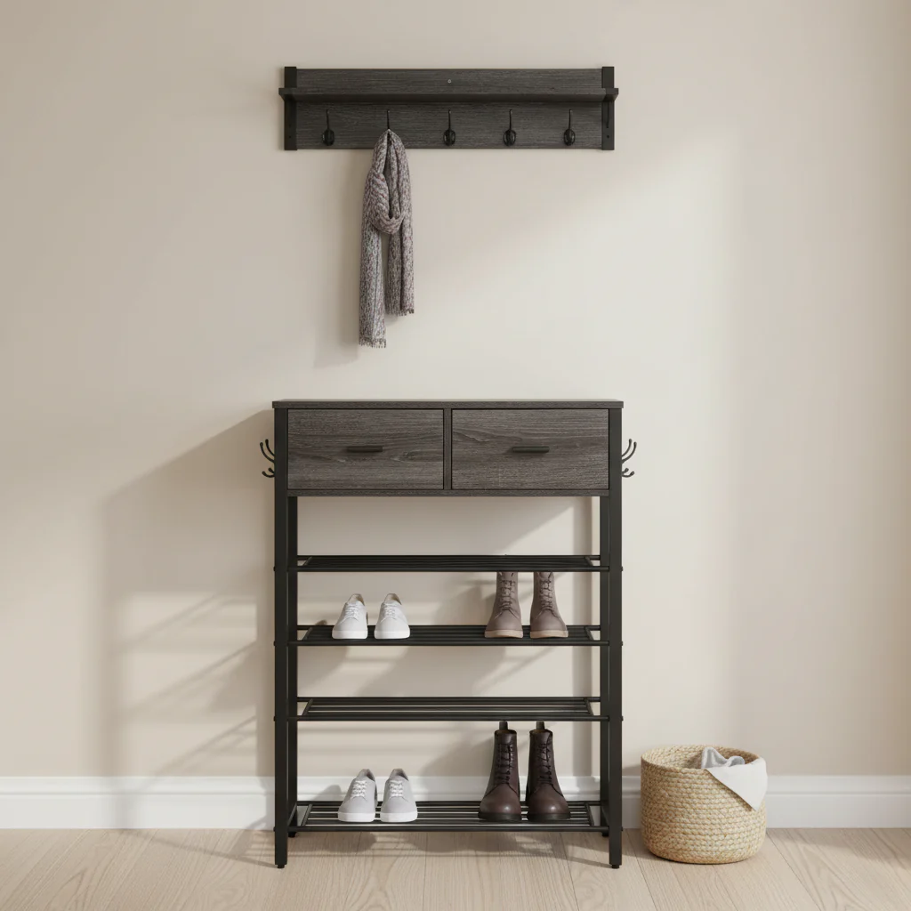 Gray, Industrial Style, 4-Tier Shoe Rack with 2 Drawers & Hooks