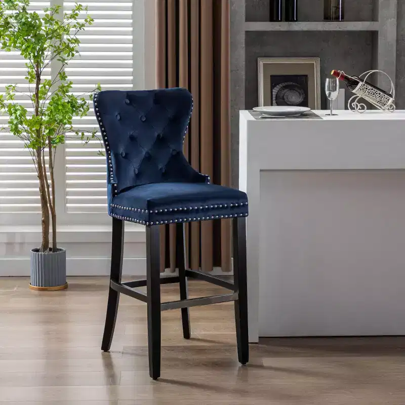 29 Tufted Upholstered Velvet Bar Stool with Metal Footrest, Velvet Navy Blue