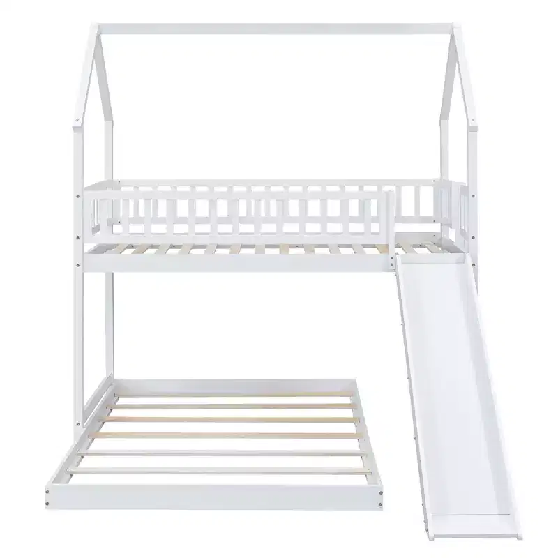 Whisen House Roof Design Twin over Full House Bunk Bed with Slide and Built-in Ladder