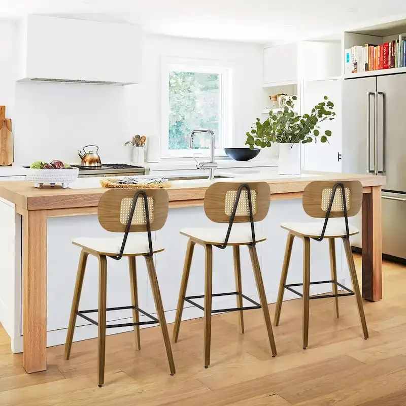26-inch Wood Counter Height Bar Stools with Rattan Back