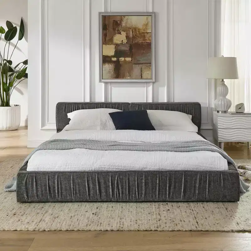MAYEERTY Queen Size Upholstered Bed Frame with Chenille Fabric with Pleated Headboard Solid Frame for Bedroom Gray