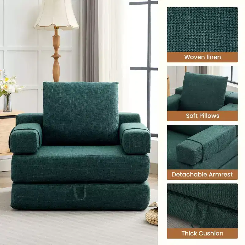 Fold-Down Convertible Sleeper Sofa Chair with Removable Armrests & Washable Cover