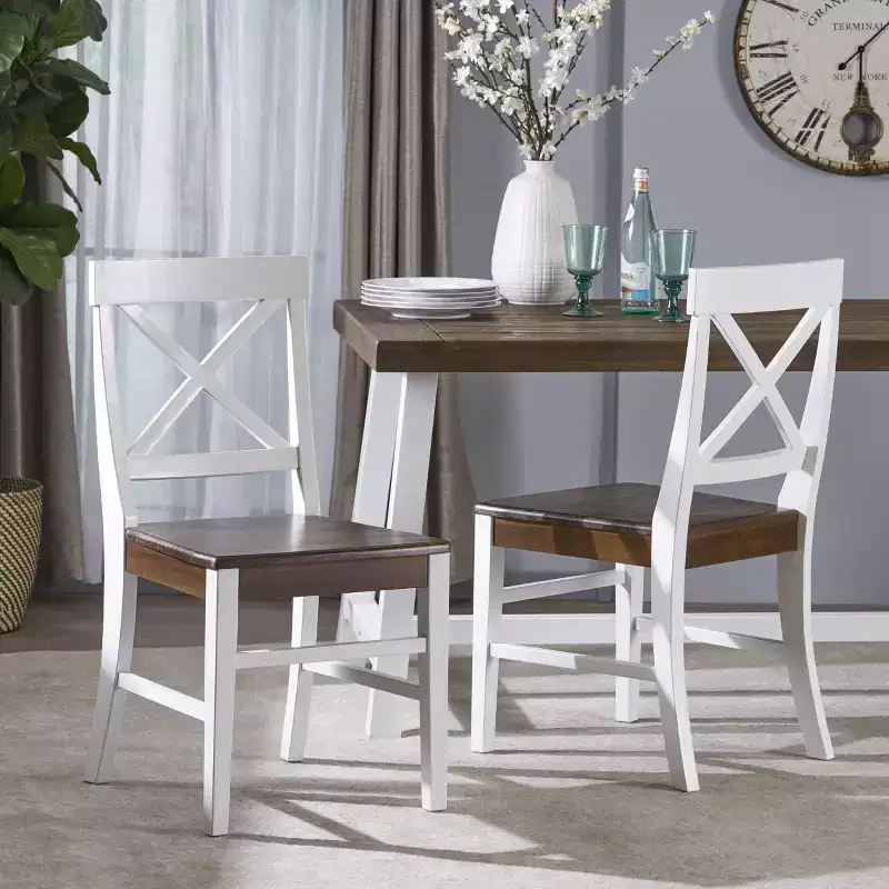 Black/Light Gray/Walnut/White Farmhouse Acacia Dining Chair, Set of 2